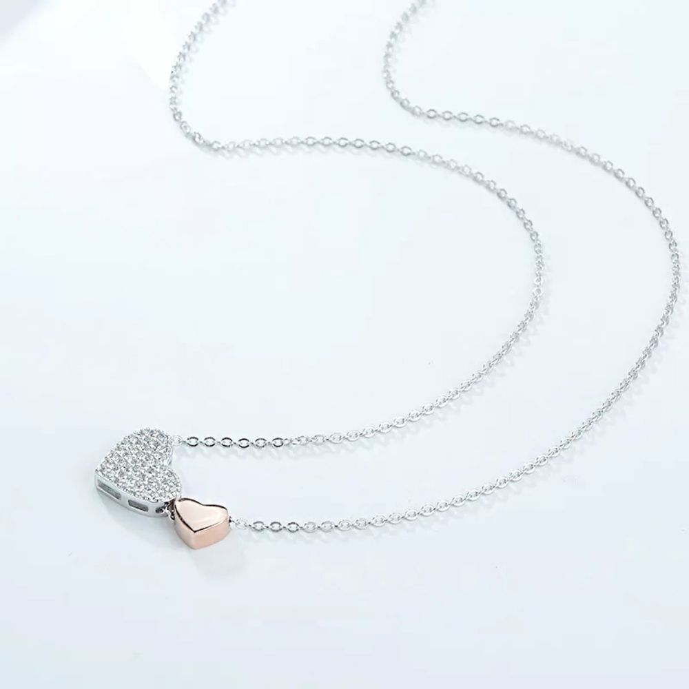 925 Sterling Silver Two-tone Cubic Zirconia Heart Necklace, gift, mother's day